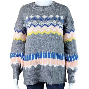 Loft Petite Wool Blend Grey Multi-Color Fair Isle Crew Neck Pullover Swe…